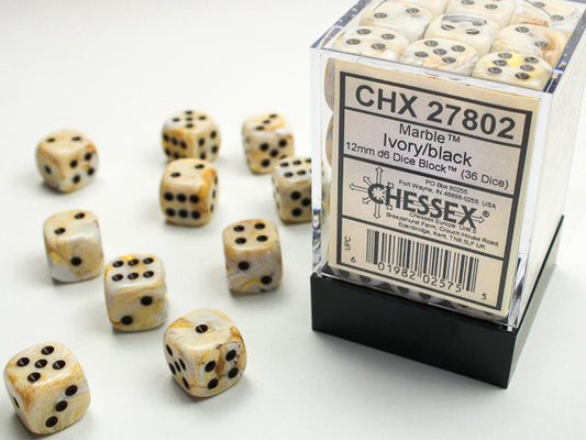 Marble Ivory / Black 12Mm D6 Dice Block (36 Dice)