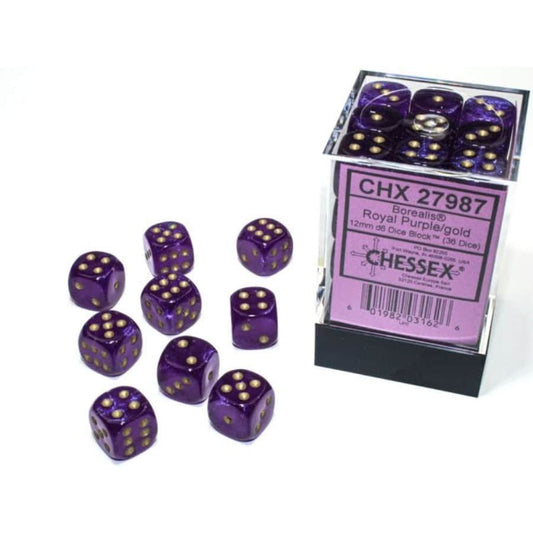 12MM 36CT D6 DICE BLOCK: BOREALIS LUMINARY ROYAL PURPLE W/GOLD