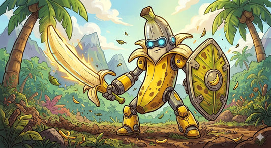 Gift Card: Banana Warrior Robot with sword and Shield